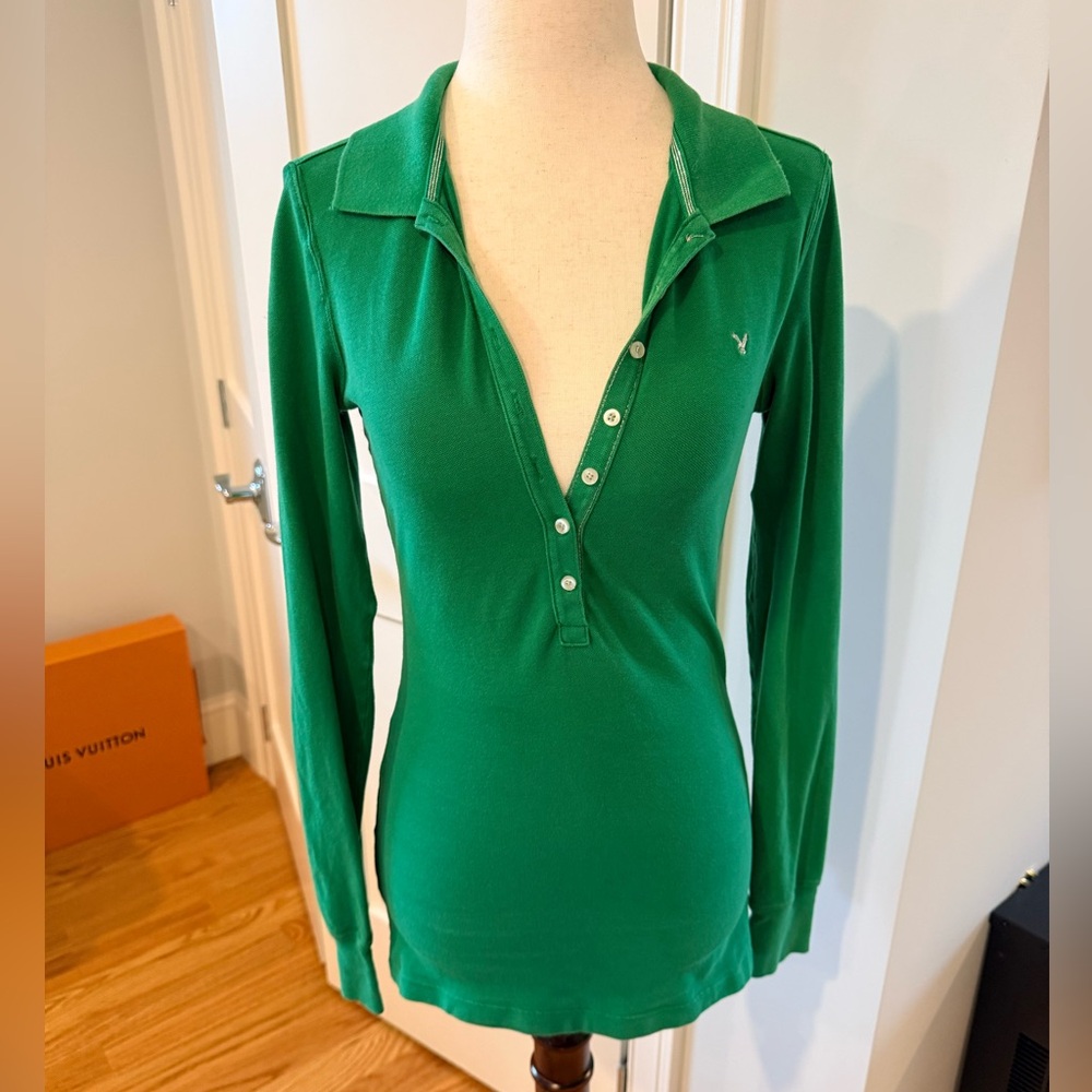 American Eagle Outfitters Emerald Green Long-Sleeve Polo